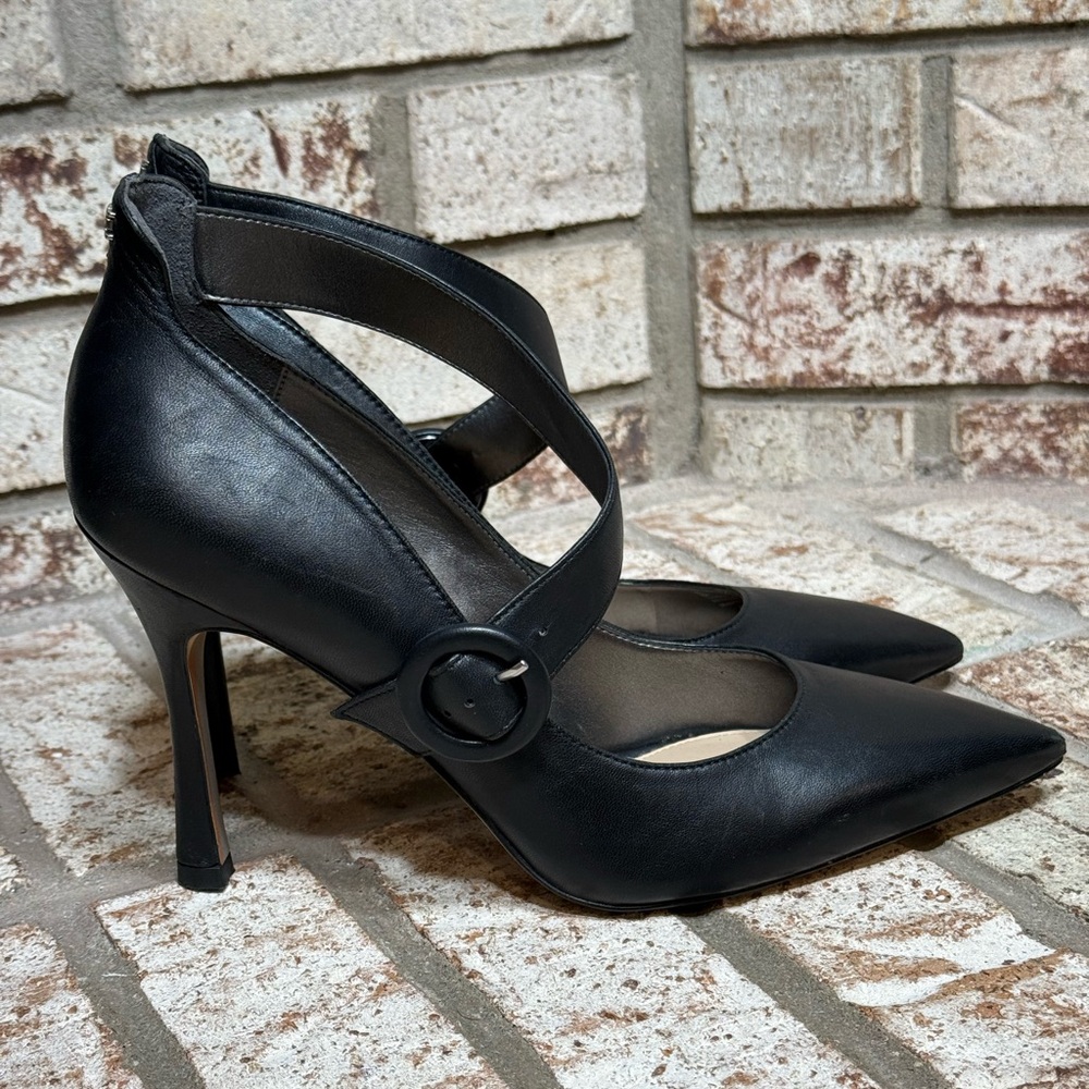 Sam Edelman Black Leather Hinda Cross Strap Pointed-Toe Pumps Heels - Picture 2 of 12